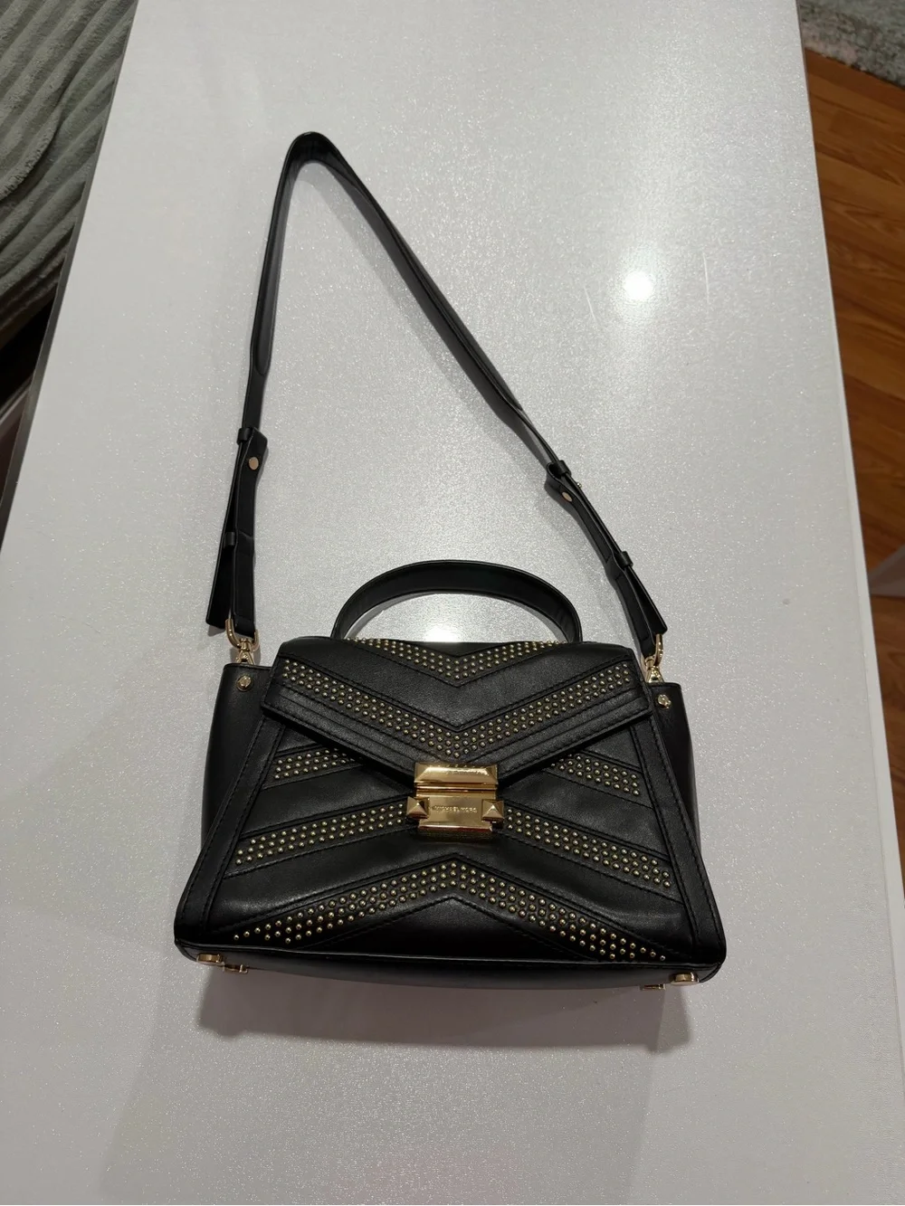 Michael Kors Black Leather Satchel with Gold Stud Accents